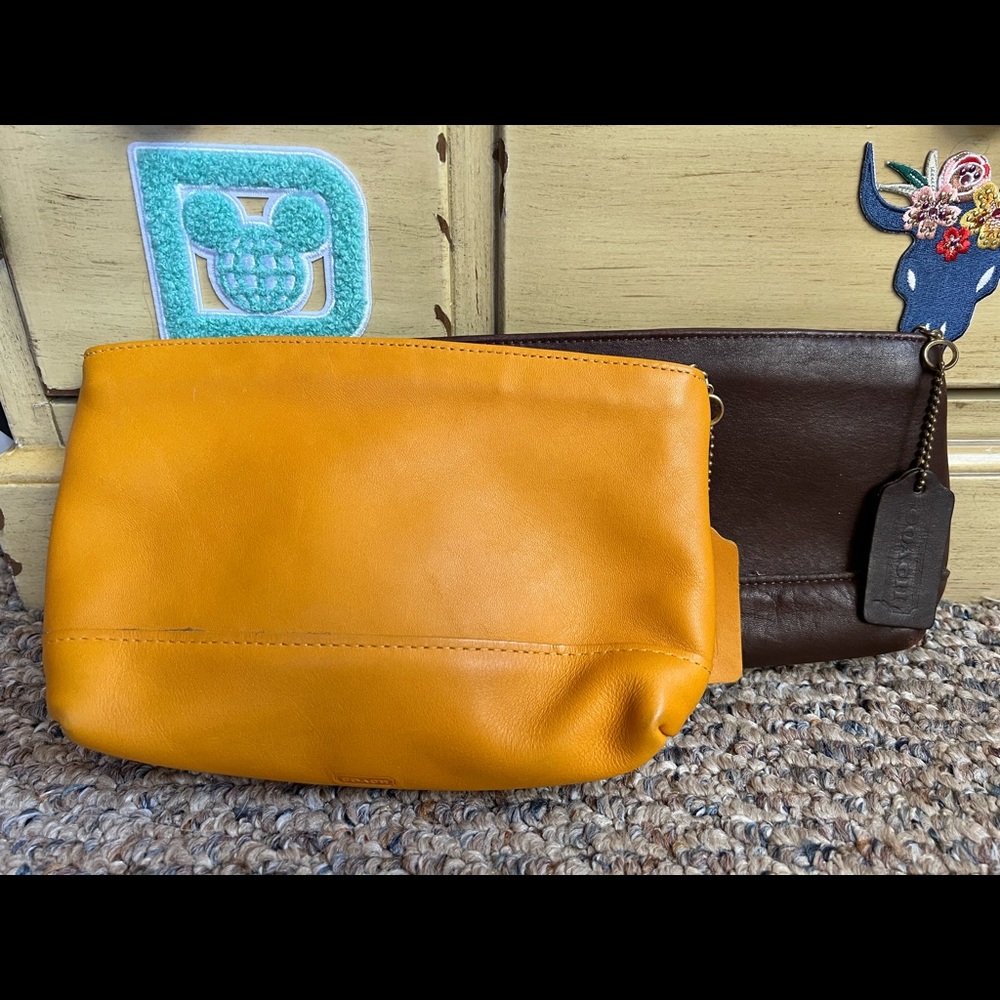 2 Vintage Leather Coach Makeup Cosmetic Bag Mustard & Brown Case